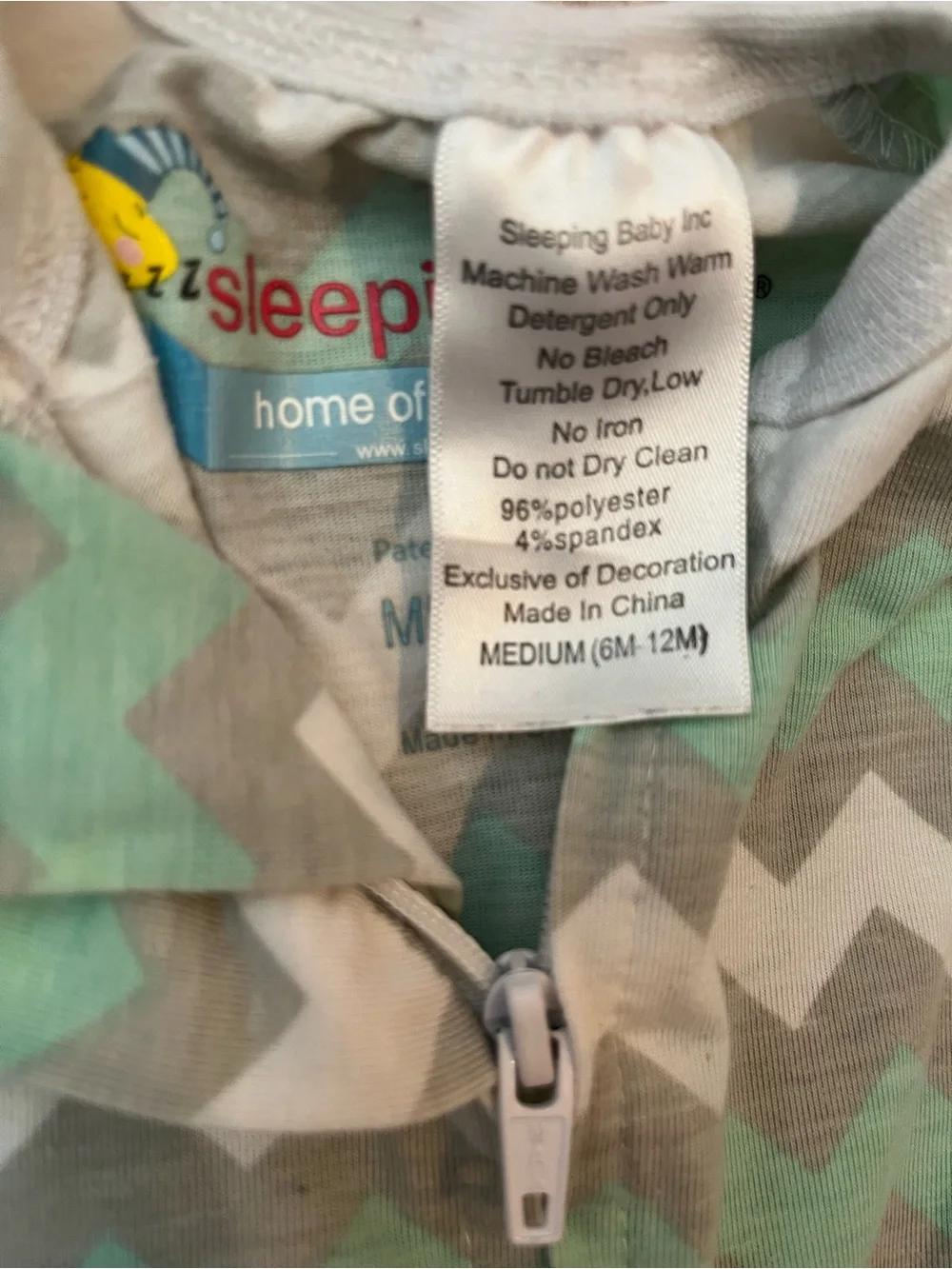 Chevron Zip-Front toddler sleep sack in Mint and Light Gray